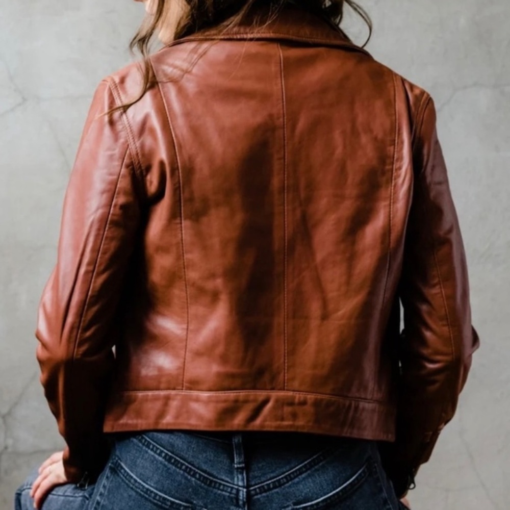ABLE Maha Soft Lamb Leather Jacket XS in Whiskey Brown Cropped Moto Zipper Cuffs - Picture 11 of 16